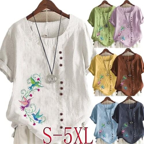 New Womens Summer Casual Fashion Printed Loose T-shirt Retro Round Neck Plus Size Short-sleeved Shirt S-5XL