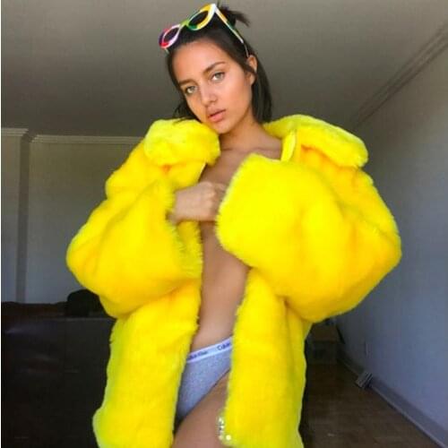 2019 Autumn Winter Womens Super Fire Yellow Faux Rex Rabbit Fur Falling Shoulder Sleeve Coat Thick Warm Furry Coat Female