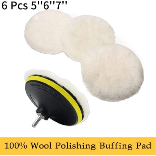 6 Pcs 5''6''7''100% Wool Polishing Buffing Pad M14 Drill Adapter for Car Waxing Shower Glass Granite Counters Furniture Buffing