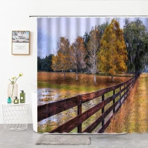 Autumn Golden Forest Lake Shower Curtains Rural Scenery Nature Landscape Bathroom Curtain Hook Home Decor Background Wall Cloth