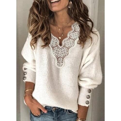 Women Lace Patchwork Sweaters 2021 Autumn Buttons Knit Pullovers Elegant Winter Sexy V Neck Knitted Sweater Tops Jumpers