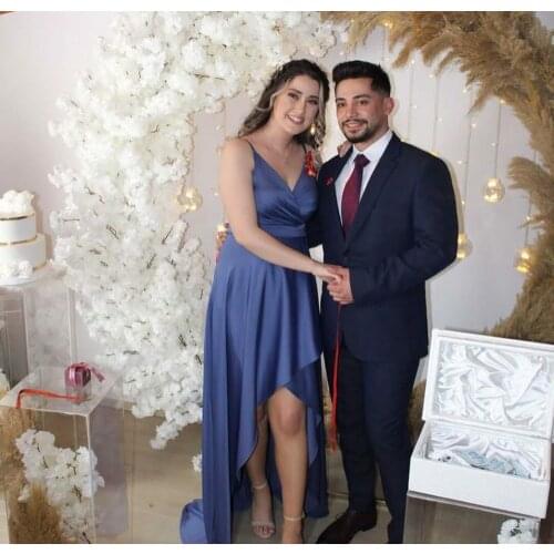 Elegant Long High Low Blue Evening Dresses with Pleats Spaghetti V-Neck Criss Cross Back Abendkleider Robes De Soirée for Women