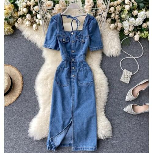 Spring summer womens square collar medium long denim dress female fashion sexy slim split backless chic dress TB130