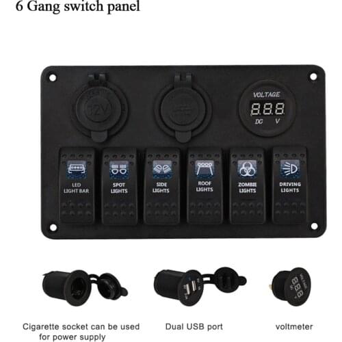 12-24V Car-styling Boat Yacht 6 Gang Waterproof LED Car Rocker Switch Panel Circuit Breakers car Voltmeter Car Dual USB charger