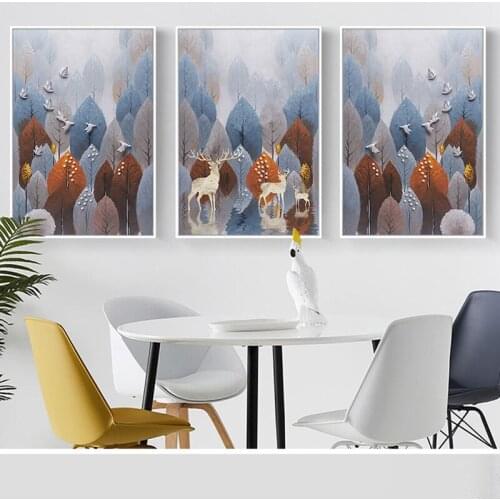 Abstract Forest Landscape Canvas Painting Tree Plants Deer Bird Nordic Poster Decoration Wall Art Pictures for Living Room