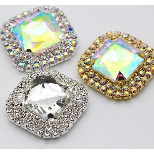 37mm Square Shape Rhinestone applique with Holes Sew on Rhinestone Buttons Glass Crystal Strass for DIY Dance hats decoration