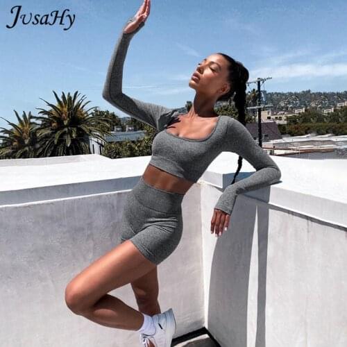JusaHy Basic Activity Top And Biker Shorts Stretched Two Piece Yoga Sets for Women Jogging Casual Sportswear Fitness Tracksuit