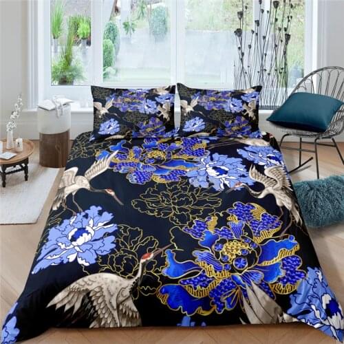 Home Living Luxury Flower Crane Print 2/3Pcs Soft Duvet Cover Set PillowCase Queen and King Size Kids Bedding Set EU/US/AU Size