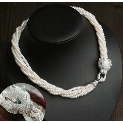 Fine jewelry cubic zircon leopard head 4-5mm freshwater pearls multilayer choker necklaces