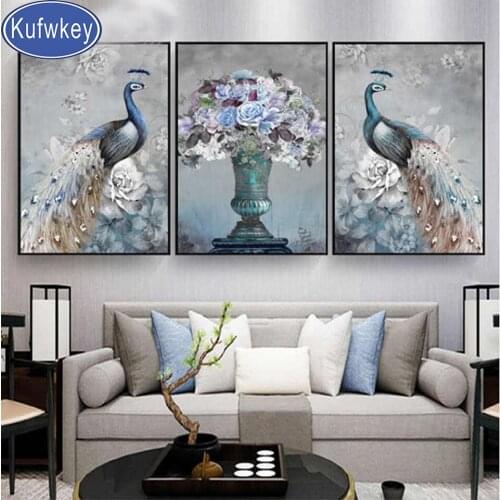 Abstract Animals Peacocks Flower Diy Diamond Painting Cross Stitch Triptych Full Square Round Diamond Embroidery Sale K471