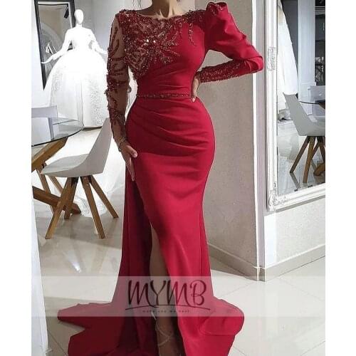MYMB 2021 Elegant Red Long Sleeves Women Evening Dress Muslim Mermaid Hand Beading Bodice Formal Party Gowns vestidos de fiesta