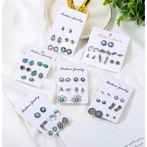 Mix Pairs Vintage Small Moon Leaf Ear Stud Cuff Earrings Set Women Bohemia Antique Silver Color Round Bead Elephant Ear Jewelry