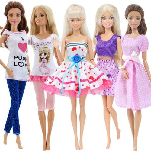 5 PCS/Set Doll Outfit Handmade Pink Dress Wave Point Skirt Tops Pants Trousers Clothes for Barbie Doll Accessories 12'' Kids Toy