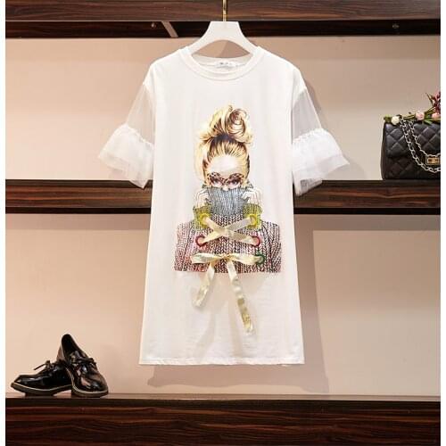 New Arrival Plus Size Womens T-shirt Fashion Streetwear Spectacles Girl Print Mesh Patchwork Flare Sleeve Dress Vestido