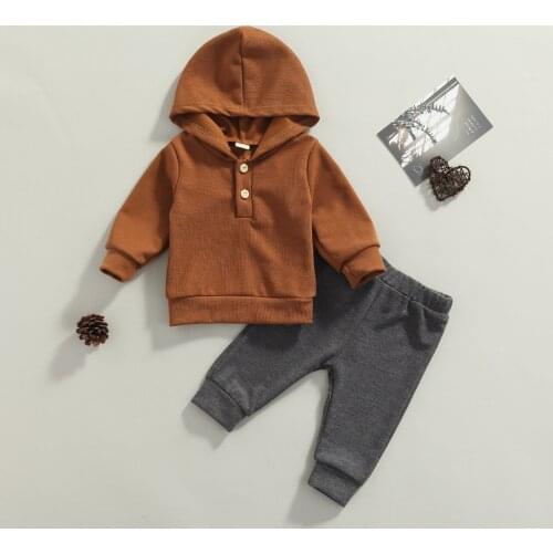 0-3Y Autumn Causal Baby Boys Clothes Sets 2pcs Solid Button Long Sleeve Hooded Tops Elastic Grey Pants