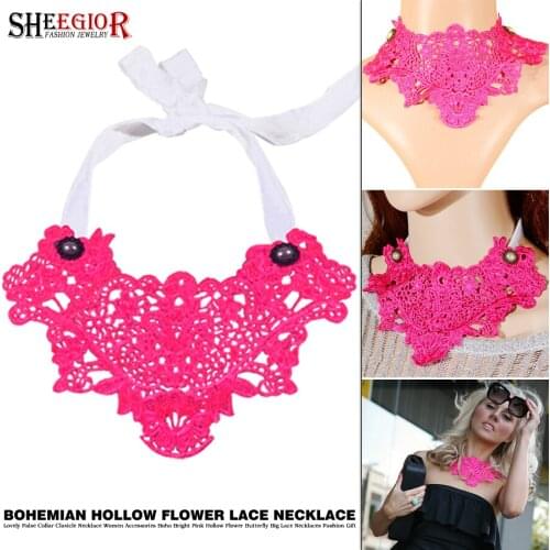 Lovely False Collar Clavicle Necklace Women Accessories Boho Bright Pink Hollow Flower Butterfly Big Lace Necklaces Fashion Gift