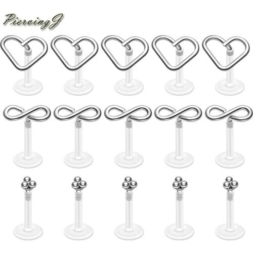 PiercingJ15 PCS 16G Clear UV Flexible Acrylic Infinity Heart Stainless Steel 8mm Labret Monroe Studs Lip Ring Piercing Jewelry