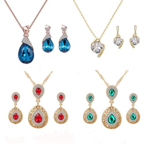 Luxury Wedding Bridal Water Drop Tear Jewelry Set Elegant Austrian Crystal Pendant Necklace Earrings Set for Women Gift