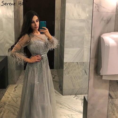 Serene Hill Grey Luxury Feathers Long Sleeves Evening Dress 2020 Dubai Beading Crystal A-Line Formal Party Wear Gown CLA60957