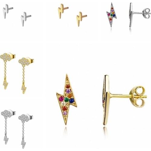 Rainbow Crystal Tassel Lightning Stud Earrings for Women 925 Sterling Silver Prevent Allergy Earrings Minimalist Tiny Jewelry