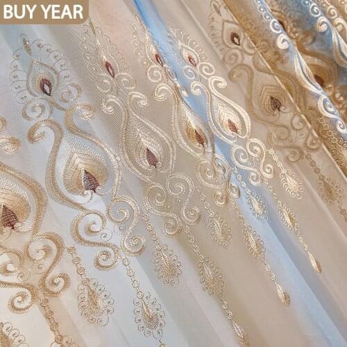 European Luxury Curtains Style Curtains for Living Dining Room Bedroom Embroidery Thread Blue Coffee Gradient Yarn Custom Tulle