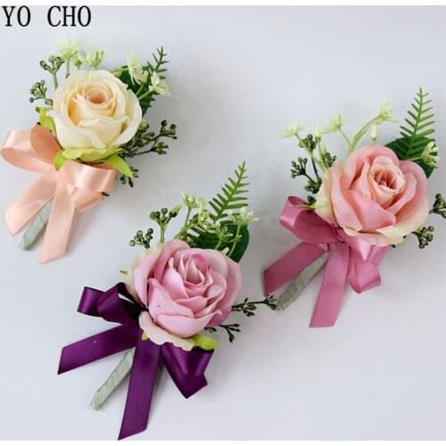 YO CHO Wedding Corsages Boutonnieres Silk Roses Flower Pink Wrist Corsages Groom Boutonniere Man Marriage Pins Wedding Supplies