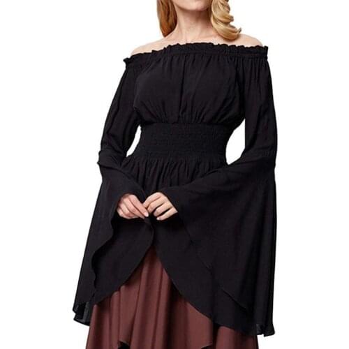 Women Medieval Renaissance Solid Color Bell Sleeve Ruffled Off Shoulder Blouse For Women Off Shoulder Tops Slim Autumn Shirts