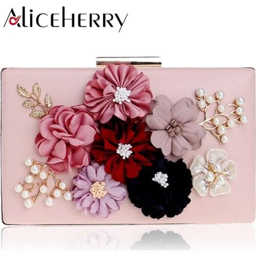 Women Pink Flower Crystal Pearl Evening Pu Leather Clutches Luxury Handbag Purse Wedding Banquet Box Clutch Makeup Bag