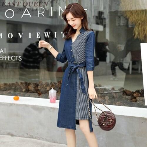 Denim Women Dress Autumn 2019 V Neck Patchwork WomenS Asymmetric Dresses Belt Dress Midi Long Jean Dresses Women 2019 DD2227