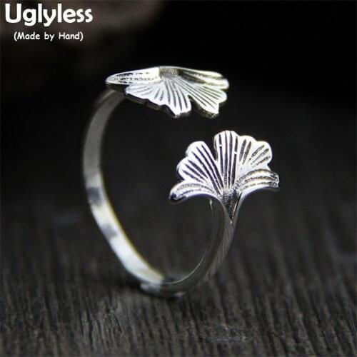 Uglyless Real 925 Sterling Silver Ring Handmade Ginkgo Leaf Women Opening Finger Rings Simple Fashion Ethnic Fine Jewelry Bijoux