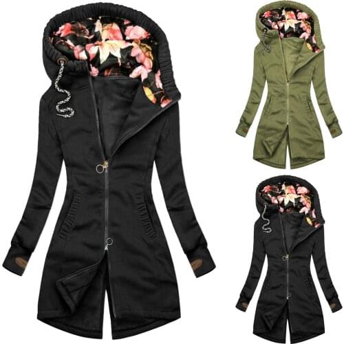 Women Thick Coat Sweatshirt Autumn Winter Women Long Sleeve Coat Zip Irregular Floral Print Pocket Warm Soft Full Hood Jacket