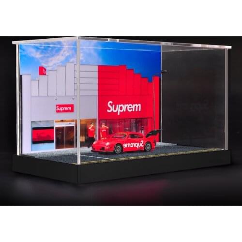 1: 64 Supre Me Scene With Light Assembling Dustproof Display Cover Parking Garage Model Doll Ornaments Collection