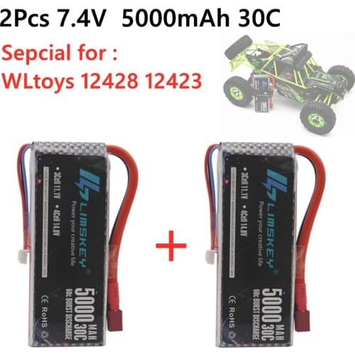 2PCS New Version Rc Lipo Battery 2S 7.4V 5000mah 30C Max 60C for Wltoys 12428 12423 1:12 RC Car Spare parts