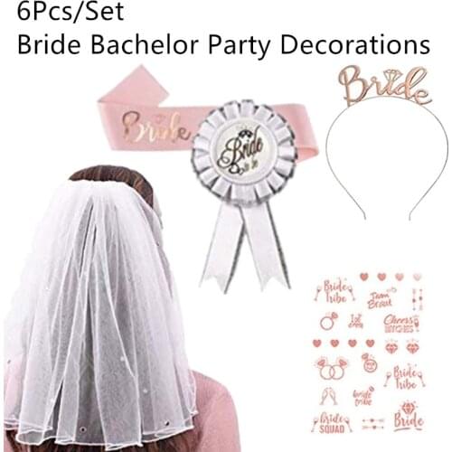 3/5/6Pcs/Set Bride To Be Veil Wedding Shoulder Strap Tattoo Stickers Crown Badge Bridal Flag Bachelor Party Decorations