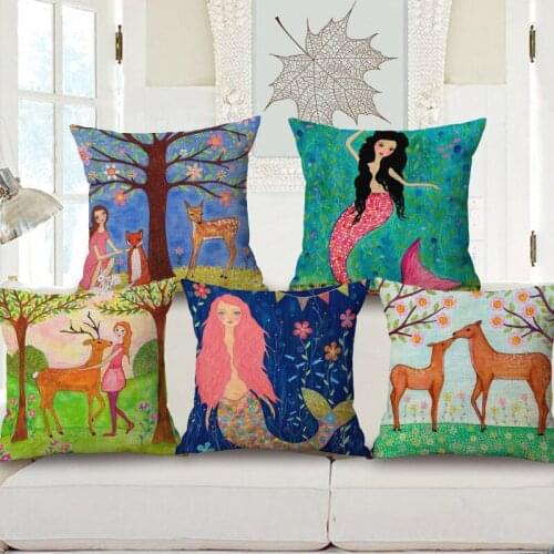 3pcs Oil painting pillow Cartoon canvas cotton and linen cushion cover 45 x45 cm