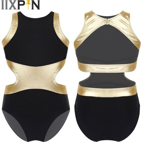 Kids Tutu Ballet Leotards for Girls Sleeveless Metallic Splice Back & Side Waist Cutouts Gymnastic Leotard Ballet Dance Jumpsuit