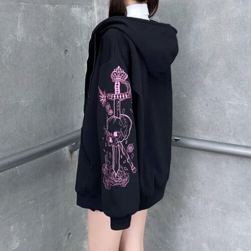 E-girl Black Sweatshirt Zip-up Long Sleeve Oversize Hoodies Autumn Winter Coat Women Gothic Print Jackets Female Grunge Clothes