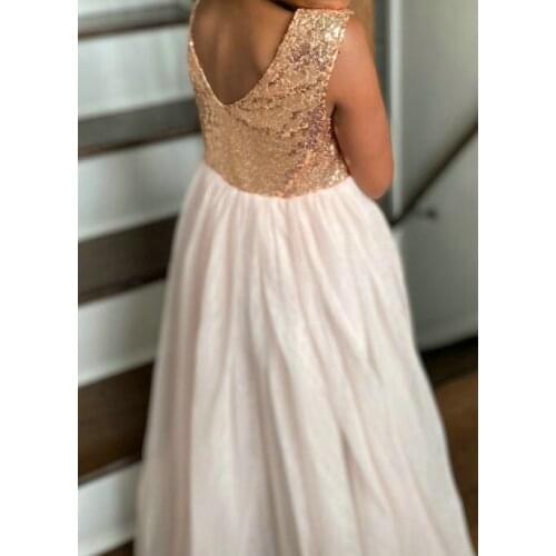 Long Style Girl Dress Summer 2020 New Children Sequined Yarn V-neck Back Ankle Length Kids Party Flower Dresses Baby Frocks