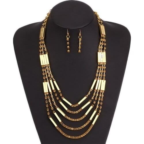 Elegant Women Jewelry Sets Golden Multi Layer Alloy Chain Artificial Crystal Glass Necklace Long Hanging Earrings Sets for Women