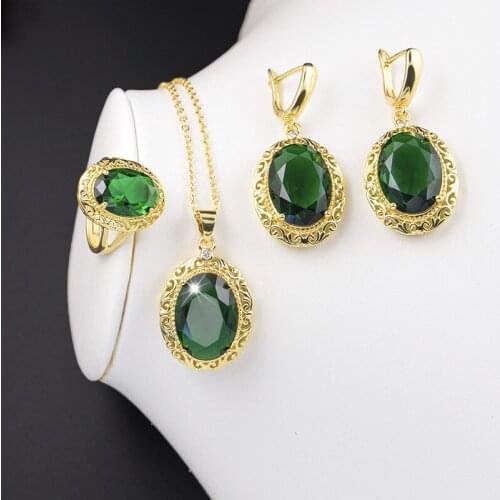Funmode Green Cubic Zircon Oval Design Gold Color Female Accessories Party Jewelry Sets For Women parures bijoux Wholesale FS137