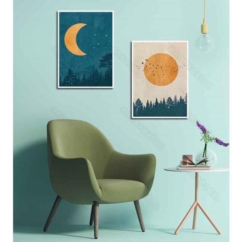 Modern Style Canvas Painting Hand-Made Night Scenery Yellow Full Crescent Moons Poster Print for Home Rooms Gallery Decoration