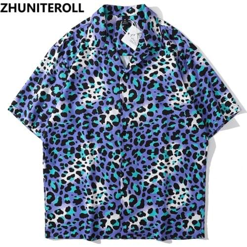 Harajuku Summer Hawaiian Beach Shirts Leopard Print Hip Hop Button Shirt Mens Fashion Short Sleeve Holiday Party Blouse Tops