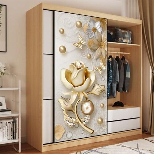Wardrobe Door Stickers Decoration 3D Wallpaper Sticker Chinese Style Door Wallpaper Gold Flower Wardrode Door Decor Sticker 2021
