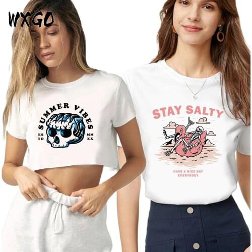 New Women Tees Hello Summer Skull T Shirt Vogue Printing T-Shirt Elegant Design Casual Female Tops Cute Girl Tee Crop Tops