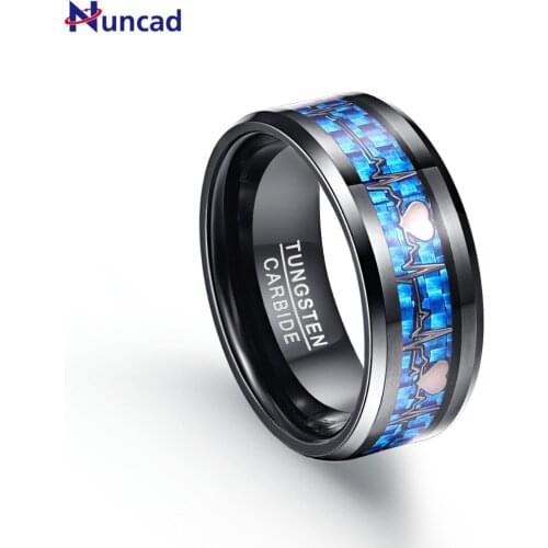 Nuncad Mens 8mm Heartbeat Tungsten Wedding Band Rings with Carbon Fiber Size 7 to 12