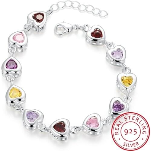 Sweet Fashion Bracelet Jewelry New Women 925 Sterling Silver Heart Colorful Zirconia Bracelet Engagement Party Christmas Gift