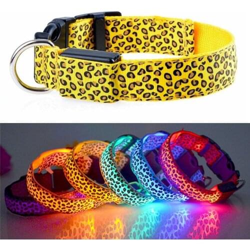 Adjustable LED Light Glow Pet Collar Leopard Nylon Pet Dog Cat Night Safety Luminous Flashing Necklace Glowing Neck Belt For Pet