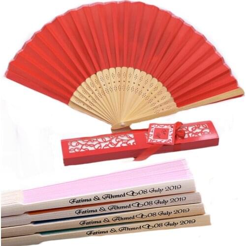 30pcs Christmas fan Custom Folding Fan Personalized Bride & Grooms Name & Date Silk Wedding Hand Fan with Gift Box in 13 colors