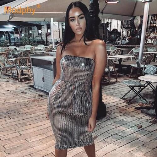 Silver Sequin Bandage Dress Sexy Sleeveless Strapless Bodycon Club Evening Party Midi Long Vestidos 2020 Autumn Fashion New