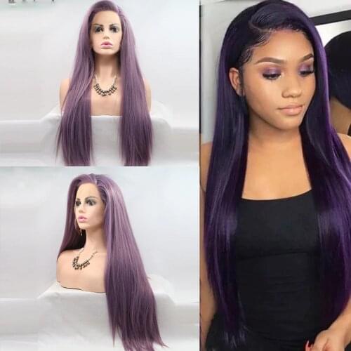 Cosplay Synthetic Lace Wig For Black Women Long Straight Purple Colored Glueless Cosplay Wigs Pre Plucked Frontal Short Hair